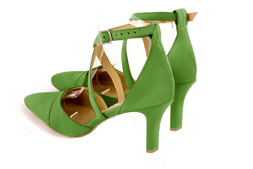 Grass green women's open side shoes, with crossed straps. Tapered toe. High slim heel. Rear view - Florence KOOIJMAN